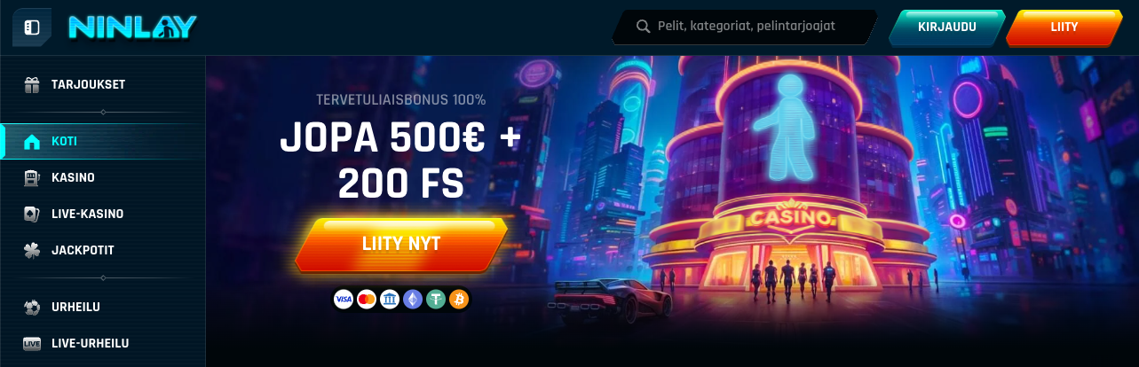 kuvakaappaus ninlay kasinon etusivusta ja ensitalletusbonuksesta