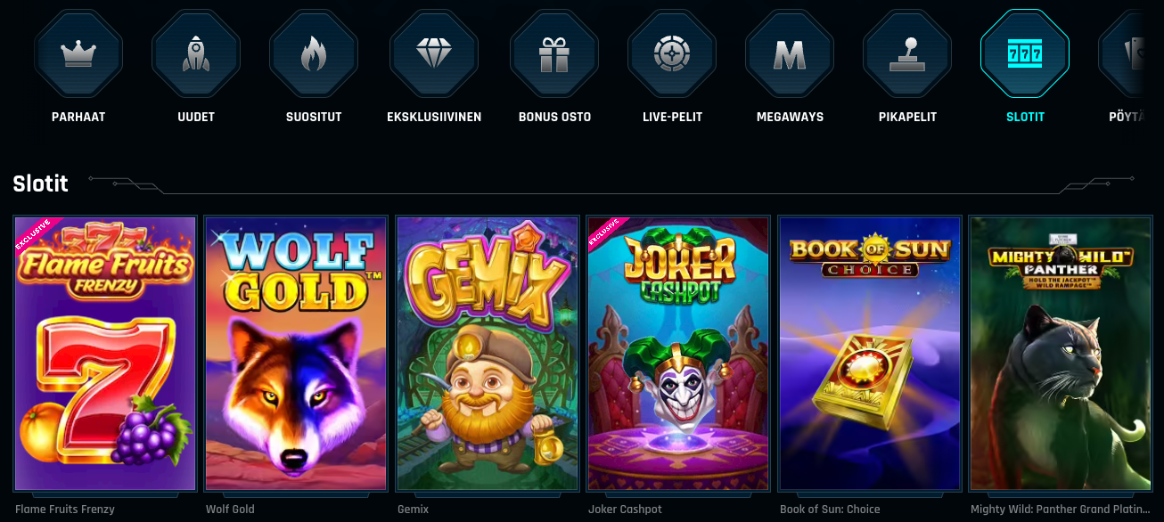 kuvakaappaus ninlay kasinon pelivalikoiman kolikkopeleistä eli sloteista