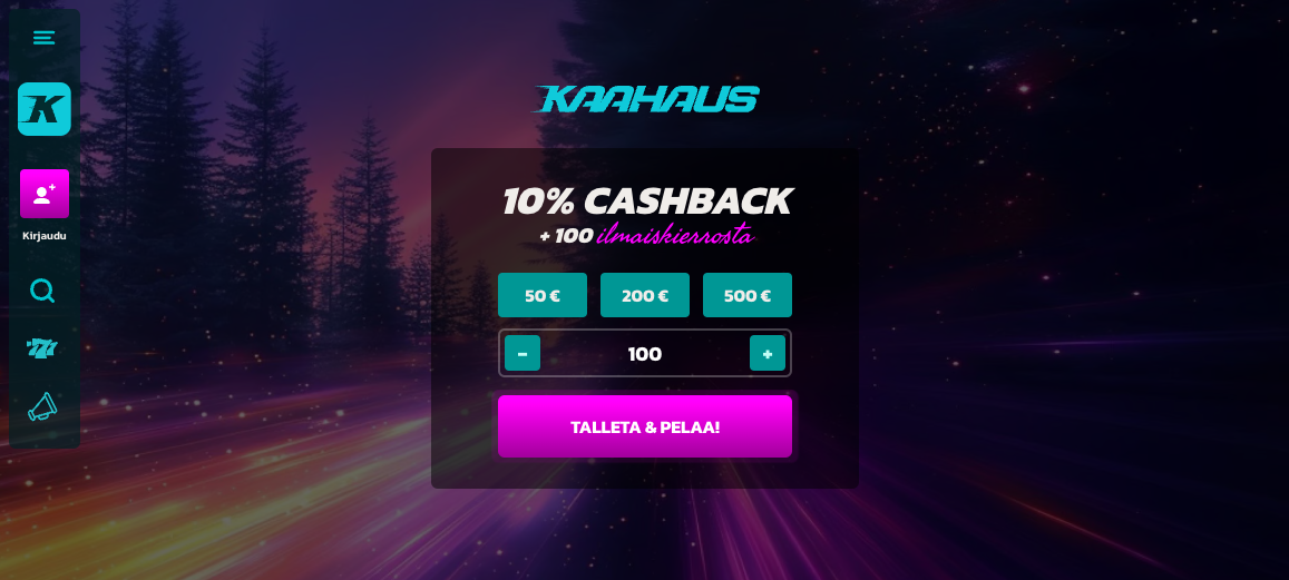 kuvakaappaus kaahaus kasinon etusivulta talletusnäkymästä ja 10% käteistalletus tarjouksesta